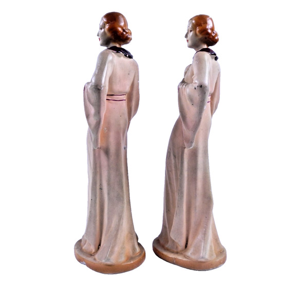 Pair Circa 1920's Elegant Woman in Robe Full Body Chalkware Statue Figurines 12" - Picture 8 of 10